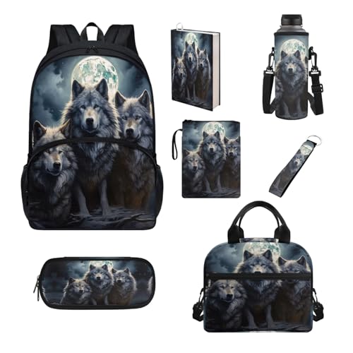 Howilath Schul-Büchertaschen-Set für Kinder, mit Lunchtasche, Federmäppchen, Buchhülle, Schulrucksack für Jungen und Mädchen, Moon Night Wolf von Howilath