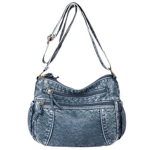 Denim-Umhängetasche, Denim-Geldbeutel für Frauen lässig Denim Crossbody Bag PU wasserdichtes Jean-Geldbörse Multipocket großer Kapazität Reißverschluss nicht aufpackter Denim-Umhängetasche, Lake Blue von Hperu