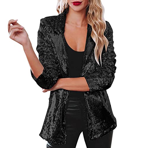 Faschingskostüme Damen, Blazer Damen Elegant Silber Paillettenjacke, Glitzer Jacke Damen Anzugjacke Mantel Langarm Revers Lässig Arbeits Business Jacken Sakko Festliche Party Fasching Karneval Kostüm von Hsternexy