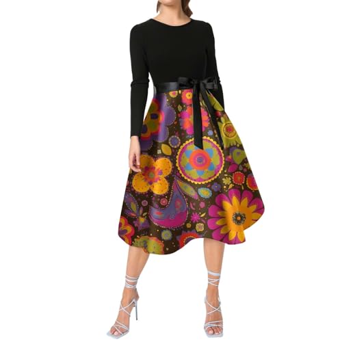 Festliche Kleider für Damen Langarm Hippie Kleid Elegant Partykleid Rundhals Retro Rockabilly Kleider 70Er Jahre Outfit Damen Gebundene Taille Flower Kleidung A-Linie Hippie Kostüm Rave Party Outfit von Hsternexy