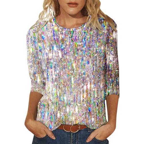 Glitzer Bluse Damen Party, Pailletten Oberteil Damen Basic Shirt Rundhals Glitzer Muster Langarmshirt Silvester Outfit Top Damen 3/4 Arm Elegante Glitzershirt Damen Festliches Oberteil von Hsternexy