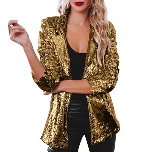 Hsternexy Blazer Damen Elegant Glitzer Jacke - Pailletten Blazer Damen Business Jacke Sportlich Revers Glitzer Anzugjacke Mit Knöpfen Front Freizeit Pailettenjacke Slim Langarm Büro Office Sakko von Hsternexy