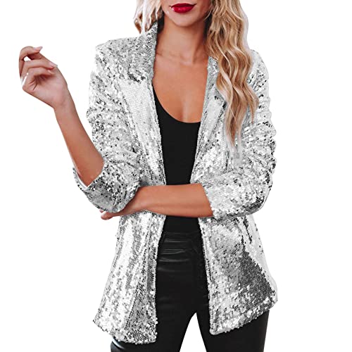 Hsternexy Glitzer Blazer Damen Silber Party Pailletten Jacke Glitzer Jacke Festlich Slim Fits Glitzer Blazer Blaser Jacke Karneval Kostüm Damen Pailletten Blazer von Hsternexy