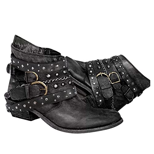 Lederstiefel-Damen-Schwarz-Flach, Stiefeletten Damen mit Absatz Ankle Boots Winter Kurzstiefel mit Reissverschluss Bequem Damenschuhe Mode Elegant Halbstiefel Einfarbig Retro Kurze Damenstiefel von Hsternexy