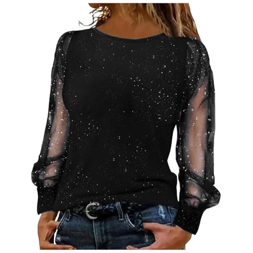 Oberteil Damen Elegant, Glitzer Oberteile Damen Elegante Festliche Blusen Langarm Spitzen Pailletten Shirt Sexy Mesh Silvester Outfit Pailletten Oberteil Schulterfrei Glitzer Langarmshirt Tunika von Hsternexy