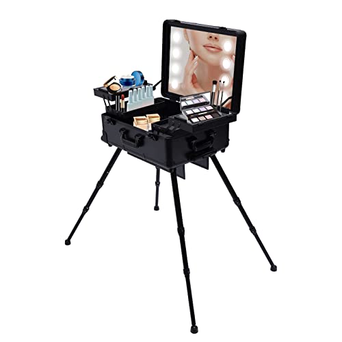 HuKaiL 22 Inch Kosmetikkoffer Trolley Schminkkoffer 3 Ebenen, Makeup Trolley Case mit Rollen, Mobile Kosmetik mit Spiegel und 8 LED-Lampen, Schminkkoffer Profi mit Verstellbare Beine von HuKaiL