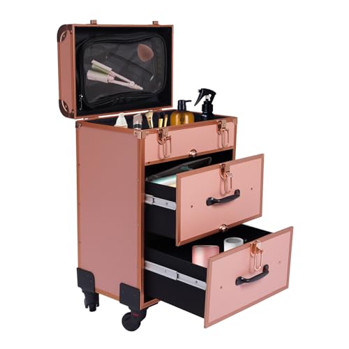 HuKaiL Kosmetikkoffer Trolley Schminkkoffer 3 Ebenen, Makeup Trolley Case mit Rollen, Mobile Kosmetik mit Spiegel und 50Kg Tragkraft, Schminkkoffer Profi mit Verstellbare Beine, 36 * 23 * 58cm, Gold HuKaiL Kosmetikkoffer Trolley Schminkkoffer 3 Ebenen, Makeup Trolley Case mit Rollen, Mobile Kosmetik mit Spiegel und 50Kg Tragkraft, Schminkkoffer Profi mit Verstellbare Beine, 36 * 23 * 58cm, Gold von HuKaiL