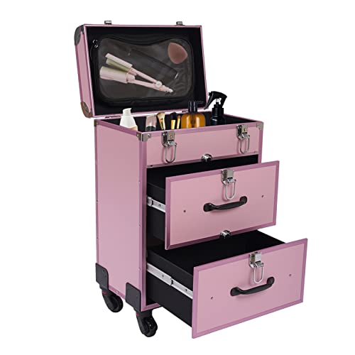 HuKaiL Kosmetikkoffer Trolley Schminkkoffer 3 Ebenen, Makeup Trolley Case mit Rollen, Mobile Kosmetik mit Spiegel und 50Kg Tragkraft, Schminkkoffer Profi mit Verstellbare Beine, 36 * 23 * 58cm, Rosa von HuKaiL