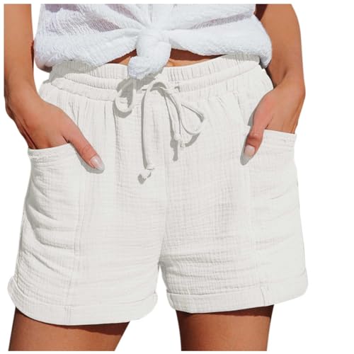 Huihong Leinen Shorts Damen Sommer Musselin Kurze Hose mit Taschen Hoher Taille Elastische Short mit Kordelzug Sport Laufhose Freizeit Bequeme Stoffhose Casual Bermuda Hosen Elegant Leinenhose von Huihong