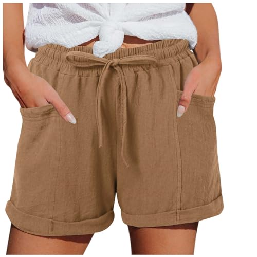 Leinen Shorts Damen Sommer Musselin Kurze Hose mit Taschen Hoher Taille Elastische Short mit Kordelzug Sport Laufhose Freizeit Bequeme Stoffhose Casual Bermuda Hosen Elegant Leinenhose von Huihong