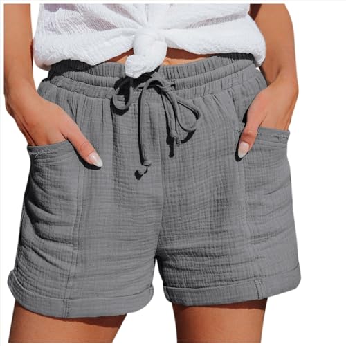 Huihong Leinen Shorts Damen Sommer Musselin Kurze Hose mit Taschen Hoher Taille Elastische Short mit Kordelzug Sport Laufhose Freizeit Bequeme Stoffhose Casual Bermuda Hosen Elegant Leinenhose von Huihong