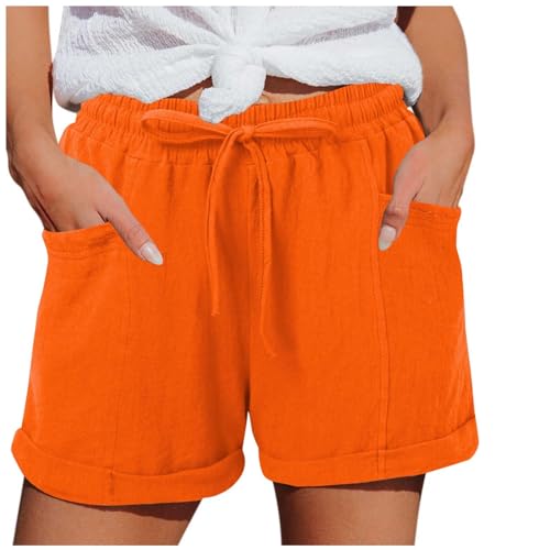 Leinen Shorts Damen Sommer Musselin Kurze Hose mit Taschen Hoher Taille Elastische Short mit Kordelzug Sport Laufhose Freizeit Bequeme Stoffhose Casual Bermuda Hosen Elegant Leinenhose von Huihong