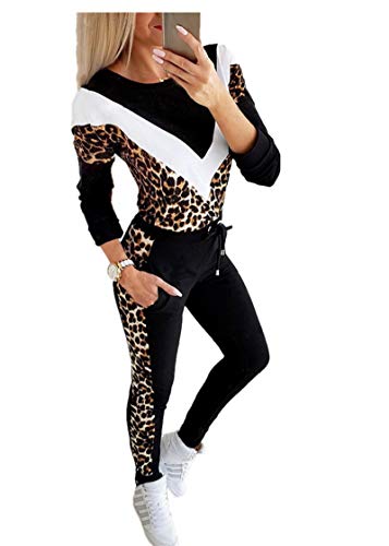 Damen Freizeitanzug Leopard Jogginganzug Zweiteiler Sportanzug Traininganzug Langarmshirt + Lange Sporthose M Xbao von Huizhouxiaobaodianzigongsi