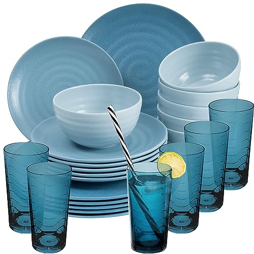 Melamin Geschirr Set 24 Teile Elegante Steingut Optik in blau mit Wasserglas 260ml blau - für 6 Personen Essgeschirr Gläser Wasserglas Tumbler Whiskey - Campinggeschirr Picknick ideal Camping Outdoor Melamin Geschirr Set 24 Teile Elegante Steingut Optik in blau mit Wasserglas 260ml blau - für 6 Personen Essgeschirr Gläser Wasserglas Tumbler Whiskey - Campinggeschirr Picknick ideal Camping Outdoor von Hummelladen