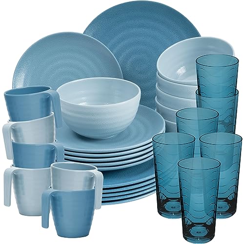 Melamin Geschirr Set 30 Teile Elegante Steingut Optik in blau mit Wasserglas 260ml blau - für 6 Personen Essgeschirr Gläser Wasserglas Tumbler Whiskey - Campinggeschirr Picknick ideal Camping Outdoor von Hummelladen