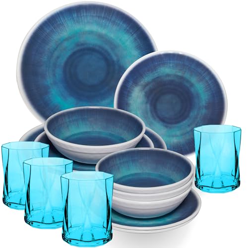 Melamin Geschirr Set Jesolo Blau für 4 Personen - 16 Teile - mit farblich passenden Trinkgläsern 300ml aus Acryl Campinggeschirr Geschirrset Tafelgeschirr Camping modernes Melamingeschirr bunt Melamin Geschirr Set Jesolo Blau für 4 Personen - 16 Teile - mit farblich passenden Trinkgläsern 300ml aus Acryl Campinggeschirr Geschirrset Tafelgeschirr Camping modernes Melamingeschirr bunt von Hummelladen