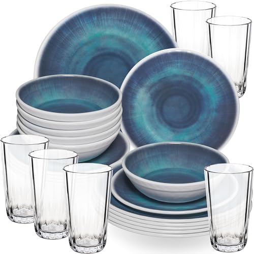 Melamin Geschirr Set Jesolo Blau für 6 Personen - 24 Teile - mit klarem Trinkglas 300ml - aus Acryl Steingutoptik Spülmaschinengeeignet Campingzubehör Campinggeschirr Wohnwagen Camping Festival Melamin Geschirr Set Jesolo Blau für 6 Personen - 24 Teile - mit klarem Trinkglas 300ml - aus Acryl Steingutoptik Spülmaschinengeeignet Campingzubehör Campinggeschirr Wohnwagen Camping Festival von Hummelladen