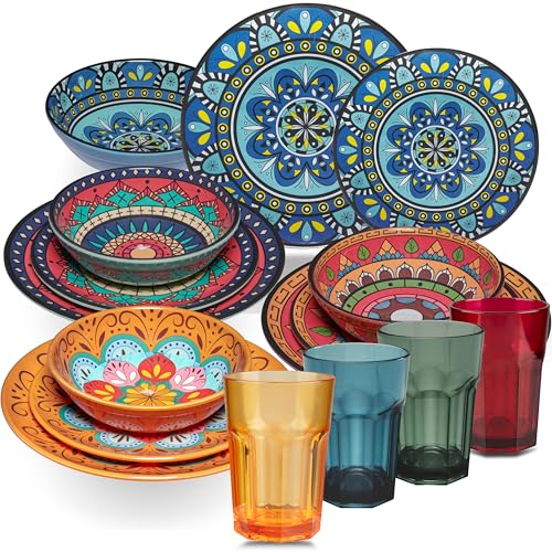 Melamin Geschirr Set Toskana Pastel für 4 Personen - 16 Teile - BUNT - Mandala-Optik mit farblich passenden Trinkgläsern 400 ml aus Acryl Essgeschirr Zubehör Campinggeschirr Wohnwagen Camping Melamin Geschirr Set Toskana Pastel für 4 Personen - 16 Teile - BUNT - Mandala-Optik mit farblich passenden Trinkgläsern 400 ml aus Acryl Essgeschirr Zubehör Campinggeschirr Wohnwagen Camping von Hummelladen