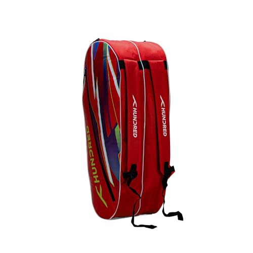 HUNDRED Debut Badminton- und Tennisschlägertasche (Rot, Größe: Groß/6 in 1) | Material: Polyester | 3 Fächer | Einfacher Tragegriff | Gepolsterte Rückentragegurte | Reißverschlusstasche vorne von HUNDRED