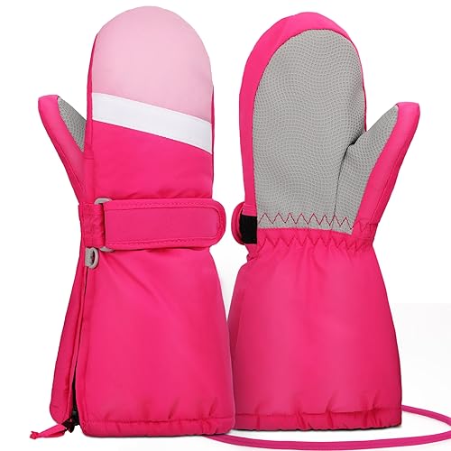 Hyeek Handschuhe mit Reissverschluss Kinder, Skihandschuhe Kinder Wasserdicht Fäustlinge Winterhandschuhe, Schneehandschuhe Snowboard Ski Handschuhe für Jungen und Mädchen (M(4-5Jahre), Rosa) von Hyeek