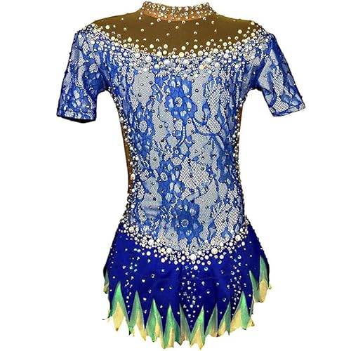 Hynyjxjy Blau,11/13, Rhythmische Sport Gymnastik Turnanzüge Für Mädchen Kurzarm Gymnastikanzüge Sport Kleidung Eislauf Kleid Mit Glänzenden Kristallen Hochelastische Eiskunstlauf Kostüme von Hynyjxjy