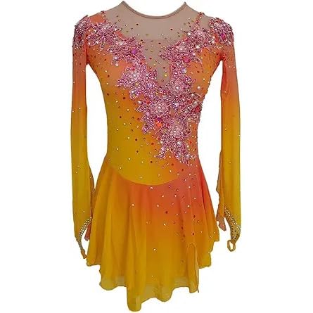 Hynyjxjy Gelb,7/10, Eiskunstlauf Kleid Für Mädchen Professionelle Kunstturnen Trikotanzüge Mit Farbverlauf Eislaufbekleidung Mit Stickerei Outdoor Sport Kostüm Mit Glitzernden Strasssteinen von Hynyjxjy