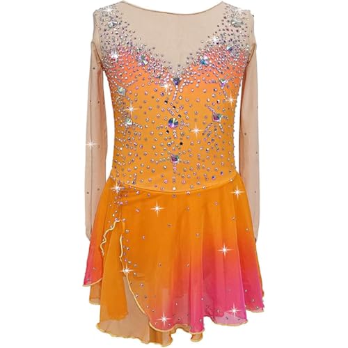 Hynyjxjy Orange,11/13, Eiskunstlauf Kleid Für Damen Langärmliges Eislauf Kostüm Hochelastische Gymnastik Tanz Wettbewerbe Röcke Flash Diamond Winter Sport Outfit von Hynyjxjy