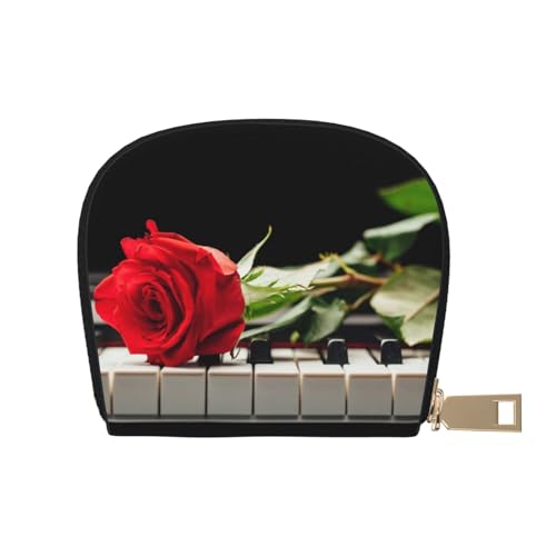 Hzhuaoeg Kreditkartenetui aus Leder, mit roter Rose auf Klavier, kleiner Reißverschluss, Münzfach, Visitenkartenetui für Damen und Herren, weiß, Einheitsgröße von Hzhuaoeg