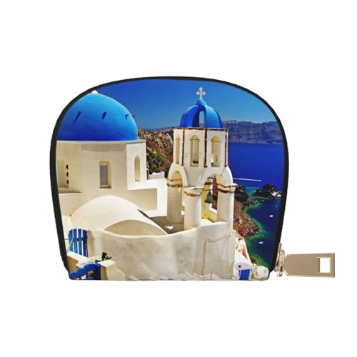 Hzhuaoeg Santorini Kreditkartenetui aus Leder mit Meerblick, kleiner Reißverschluss, Münzfach, Visitenkartenetui für Damen und Herren, weiß, Einheitsgröße von Hzhuaoeg