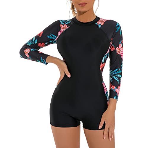 Einteiliger Badeanzug Frauen, Zipper Floral Swim Shirt Boyleg Bottoms Rash Guard Badeanzug Surfen Neoprenanzug Schnorchelanzug UV-Schutz Badekostüm Schwarz&Blume XL von IBTOM CASTLE