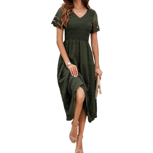 Damen-Midikleid im Boho-Stil, kurzärmelig, V-Ausschnitt, gestuft, gesmokt, dehnbar, hohe Taille, fließendes Maxikleid von IBXCZEWDW