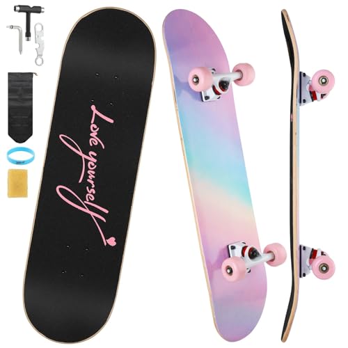 ILAHUI Skateboard für Jugendliche, Mädchen, Kinder, Erwachsene, Anfänger, 7 Schichten aus Ahornholz, Tablett, 80 x 20 cm, Tasche, Skateboard, Regenbogenpulver von ILAHUI