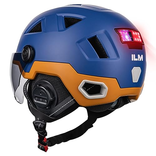 ILM Bluetooth Helm Fahrrad Herren Damen mit Licht-Fahrradhelm mit Visier LED Front-und-Hintergrundbeleuchtung Intelligente Bremsen-Warnfunktion,Bluetooth Blau-Gelb,XXL von ILM