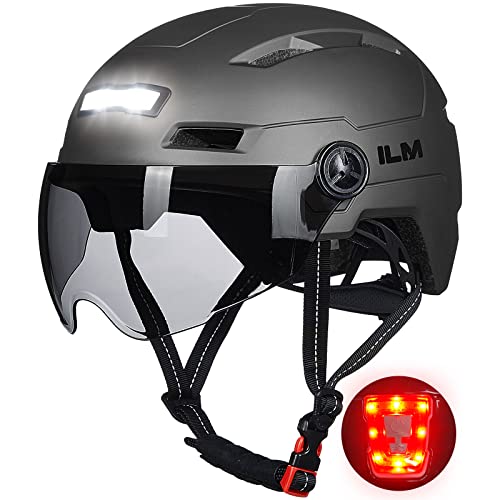 ILM Fahrradhelm mit Visier und LED Licht Mountain&Road Fahrradhelme für Damen und Herren Fahrradhelm für Pendeln in der Stadt E3-10L,Grau S-M von ILM