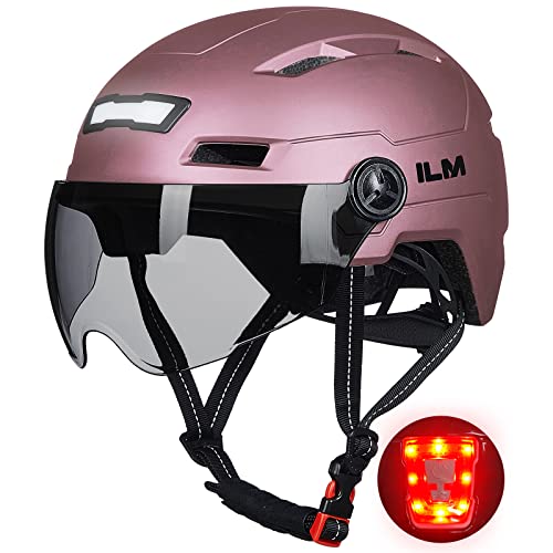 ILM Fahrradhelm mit Visier und LED Licht Mountain&Road Fahrradhelme für Damen und Herren Fahrradhelm für Pendeln in der Stadt E3-10L,Rosa L-XL von ILM