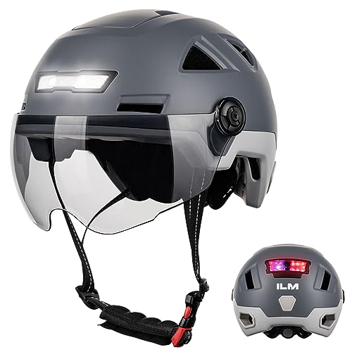 ILM Helm Fahrrad Herren Damen NTA8776 CE CPSC Zertifiziert mit Licht-Fahrradhelm mit Visier LED Front-und-Hintergrundbeleuchtung Intelligente Bremsen-Warnfunktion,Grau,S/M von ILM