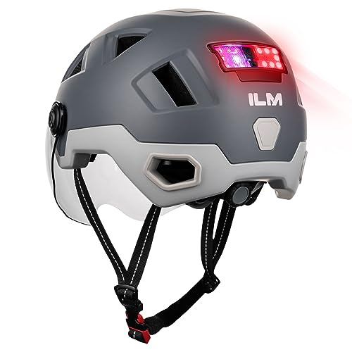 ILM Helm Fahrrad Herren Damen mit Licht-Fahrradhelm mit Visier LED Front-und-Hintergrundbeleuchtung Intelligente Bremsen-Warnfunktion,Grau,L/XL von ILM