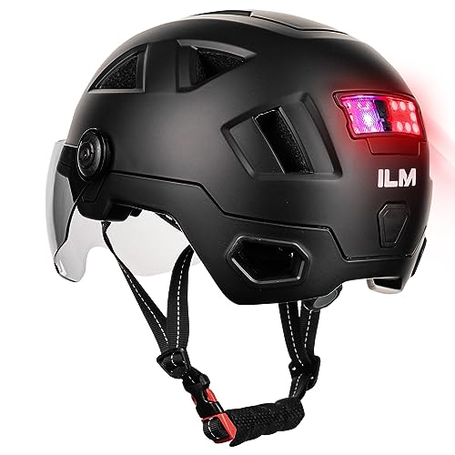 ILM Smart Fahrradhelm Damen Herren mit Visier Warnung Bremse LED Lichtsensor Lichtfunktion Kopfneigen Blinken Auszulösen Modell E3-12LS,Mattes Schwarz,L/XL von ILM