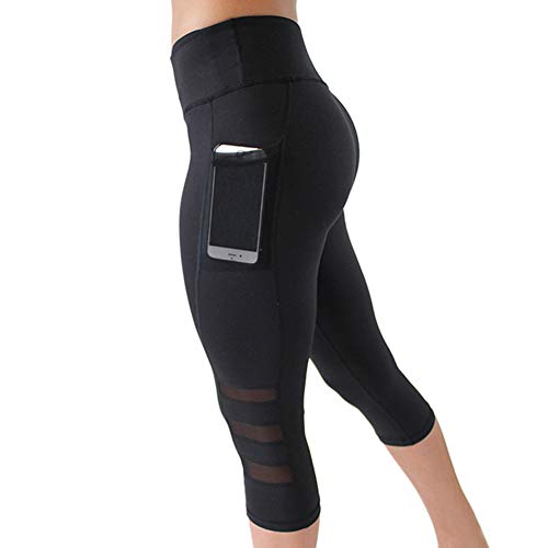 IMEKIS Damen Sport Leggings 3/4 Sporthose Yogahose Laufhose Hohe Taille Mesh Fitnesshose Jogginghose Workout Stretch Tights Push Up Skinny Hosen Freizeit Sportbekleidung mit Taschen Schwarz S von IMEKIS