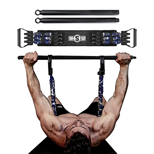 INNSTAR Tragbares Bankdrücken Widerstandsbänder mit Abnehmbarer Stange, Verstellbare Bench Press Bands mit 96cm Fitness Stange, Brusttrainer für Arm, Rücken, Bizeps und Brustmuskeln(Camoblau) von INNSTAR