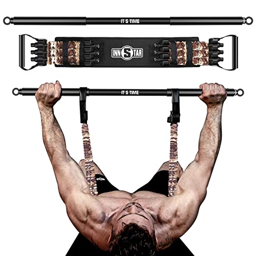 INNSTAR Tragbares Bankdrücken Widerstandsbänder mit Stange, Verstellbare Bench Press Bands mit 95cm Fitness Stange, Brusttrainer für Arm, Rücken, Bizeps und Brustmuskeln Krafttraining(CamoBraun-90KG) von INNSTAR