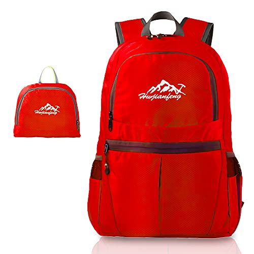 INTIRILIFE Faltbarer Rucksack Ultraleicht in Rot - 20 x 21 cm / 30.8 x 21.8 x 42 cm - Unisex Wanderrucksack Wasserdicht - 36L - Outdoor Daypack für Camping, Wandern, Reisen, Klettern, UVM. von INTIRILIFE