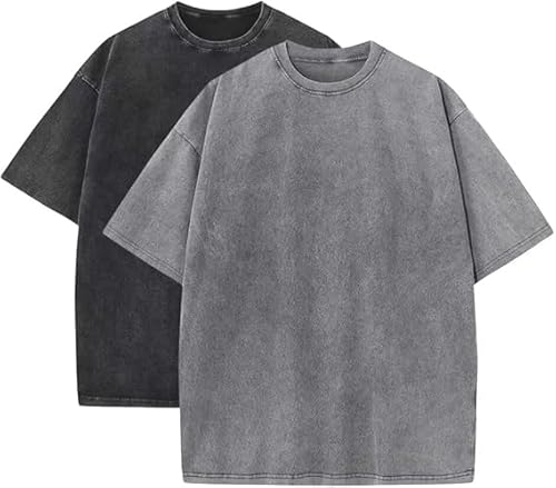 INXKED 2PCS Men Oversize T-Shirt Men's Heavy Cotton Summer T-Shirt Tee Loose Fit Short Casual Wash Solid Basic Tee Tops (07,L) von INXKED