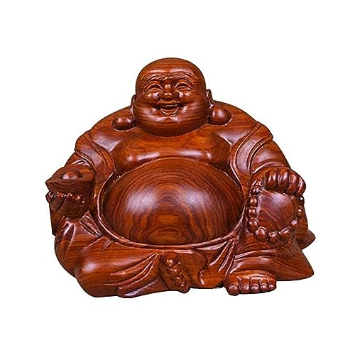 Ornament-Skulptur – Kunststatue – Schreibtisch-Dekorationsfigur, hölzerne Hotei-Buddha-Figur, die Glück und Reichtum anzieht, natürliche rote Feng-Shui-Statue eines lachenden Buddhas mit Barren von IONAZQTWW