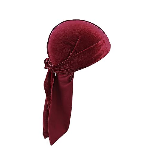 IQYU 6 Stück Samt-Durag-Mütze für Männer und Frauen. Weiche Samt-Durag-Kopfwickel mit langem Schwanz und Breiten Trägern für 360 Wellen Weißes Stirnband (Wine, One Size) von IQYU