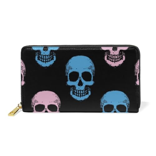 ISAOA Niedliche rosa und blaue Totenkopf-Ledergeldbörse, multifunktionale Handtasche, Reißverschluss, Clutch, großes Fassungsvermögen, Kartenhalter, 19 cm, #01, Einheitsgröße, modisch von ISAOA