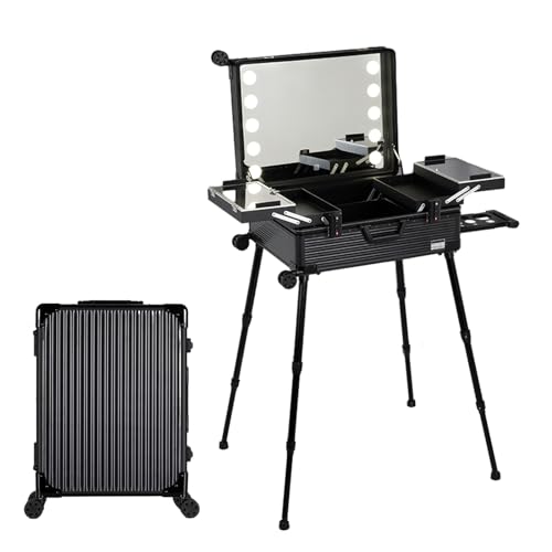 ISCBAFYX Aluminium-Trolley, Make-up-Zugkoffer mit LED-Licht, professionelles Kosmetik-Make-up, Kosmetik-Organizer, Studio mit Ständer, rollende, beleuchtete Make-up-Waschtischstation, tragbarer von ISCBAFYX