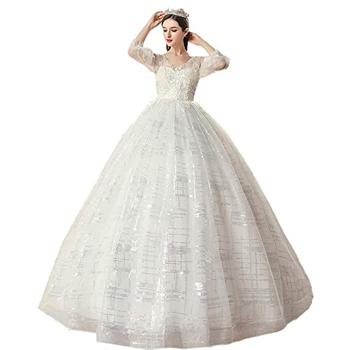 ISCBAFYX Damen-Hochzeitskleid in Übergröße, Spitze, Stickerei, Pailletten, Flauschiger Rock, formelle Partykleider, Elegantes Abendkleid, schön (weiß 4XL) von ISCBAFYX