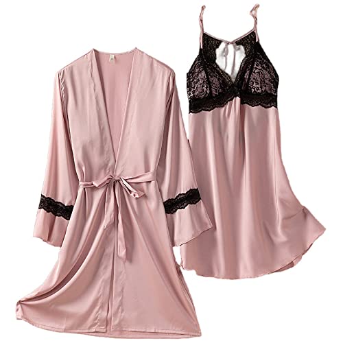 ISCBAFYX Morgenmäntel für Damen, 2-teiliges Set, Satin-Bademantel, Schwarze Netz-Spitze, rückenfrei, Schnür-Morgenmantel, Nachthemd-Set, leichte Kimono-Robe, Pyjama, Pink-M von ISCBAFYX