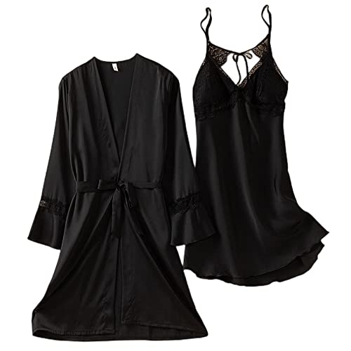 ISCBAFYX Morgenmäntel für Damen, 2-teiliges Set, Satin-Bademantel, Schwarze Netz-Spitze, rückenfrei, Schnür-Morgenmantel, Nachthemd-Set, leichte Kimono-Robe, Pyjama, Schwarz-L von ISCBAFYX